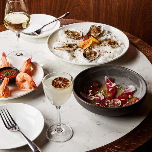 Oysters, shrimp cocktail, tuna crudo with drinks at The Bar at Asher Adams, Salt Lake City